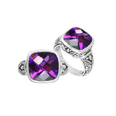 Sterling Silver Ring With Faceted Amethyst Quartz And Balinese Carved Band